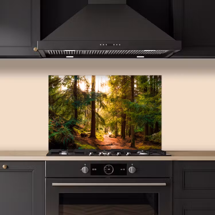 Spatscherm keuken - Bos - Pad - Bomen - Groen - Zon - Natuur — 2