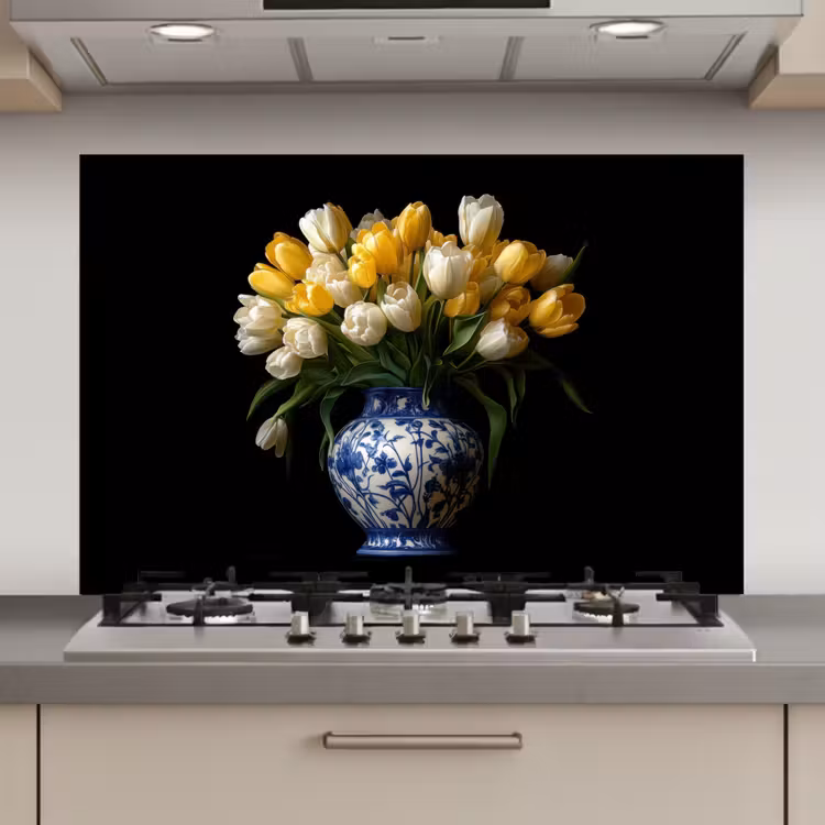 Spatscherm keuken - Geel - Tulpen - Vaas - Bloemen — 1
