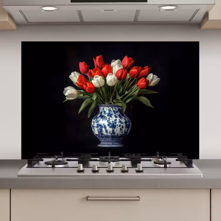 Spatscherm keuken - Rode - Bloemen - Tulpen - Vaas — 1