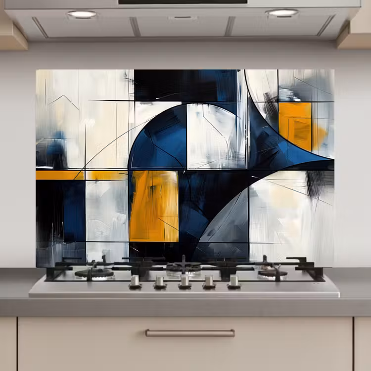 Spatscherm keuken - Abstract - Vormen - Goud - Blauw - Geometrisch — 1