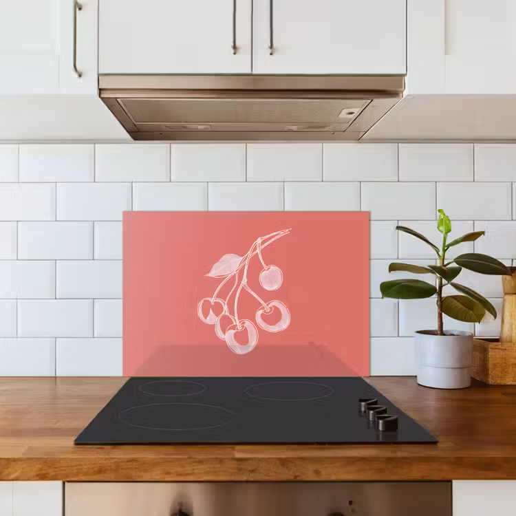 Spatscherm keuken - Lijnillustratie - Kersen - Tak - Wit — 6
