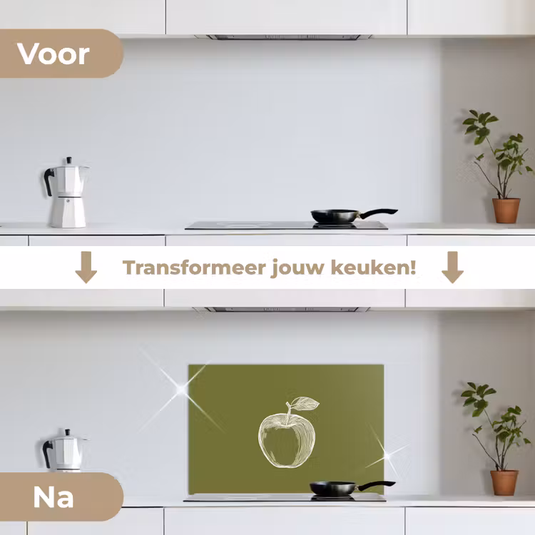 Spatscherm keuken - Lijntekening - Appel - Olijfgroen - Blaadje — 3