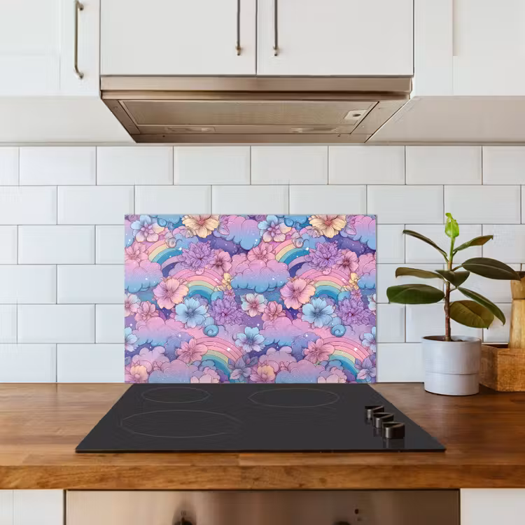 Spatscherm keuken - Regenbogen - Bloemen - Kleurrijk - Wolken — 5