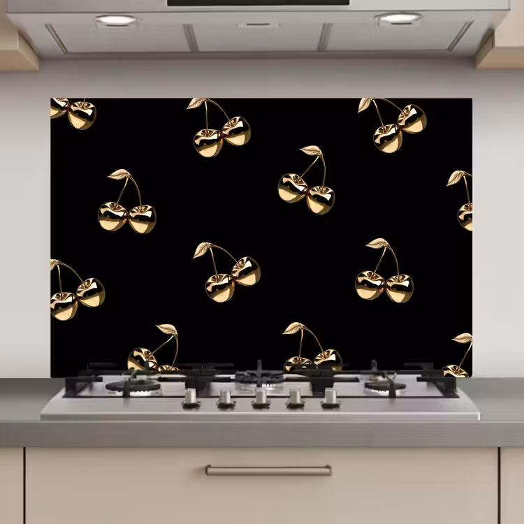 Spatscherm keuken - Patroon - Kersen - Goud - Chrome — 1