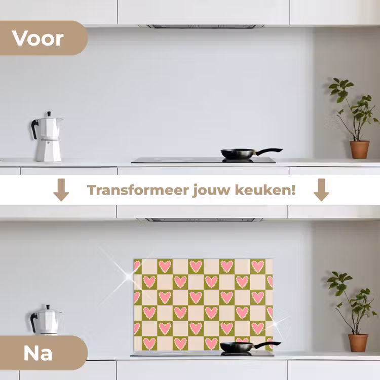 Spatscherm keuken - Olijfgroen - Hartjes - Patroon - Retro — 2