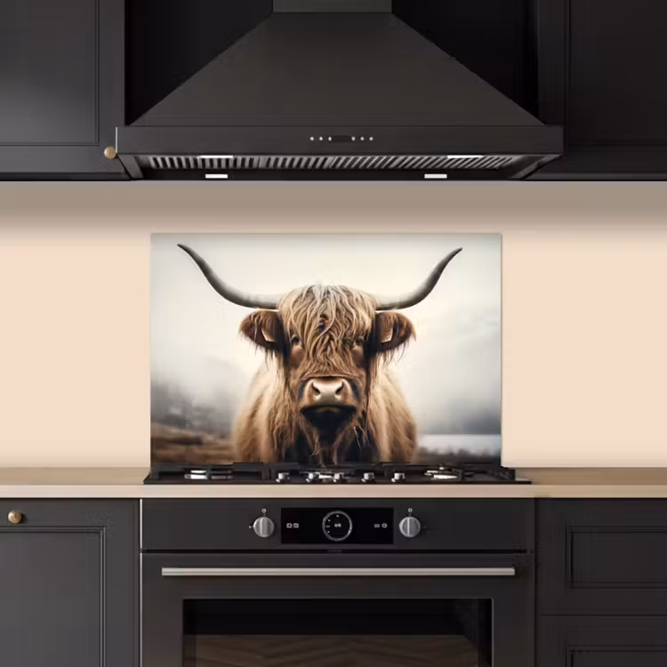 Spatscherm keuken - Schotse hooglander - Hoorns - Landschap — 2