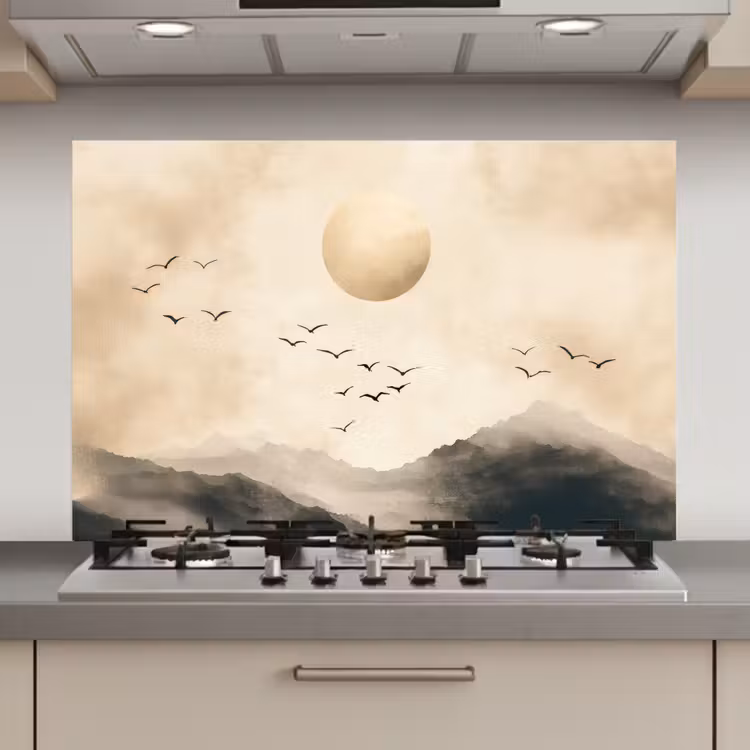 Spatscherm keuken - Landschap - Japandi - vogel — 1
