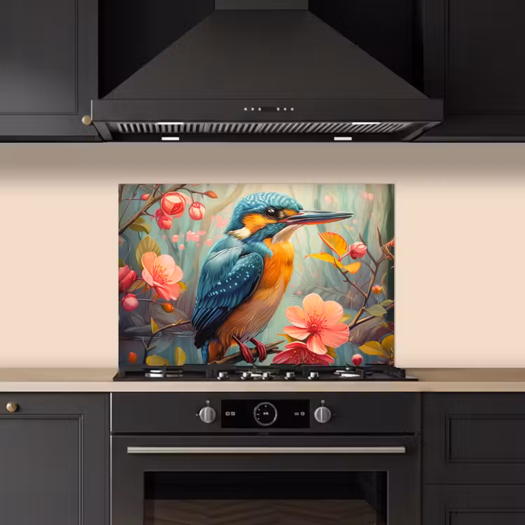 Spatscherm keuken - IJsvogel - Bloesem - Natuur - Vogels - Bloemen — 2