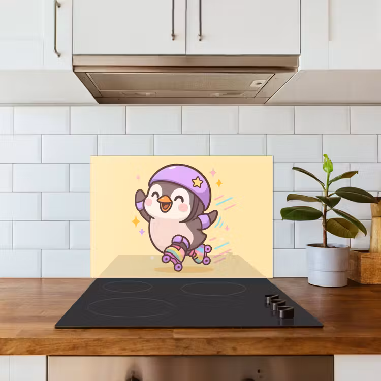 Spatscherm keuken - Pinguïn - Rolschaatsen - Geel - Energiek — 5