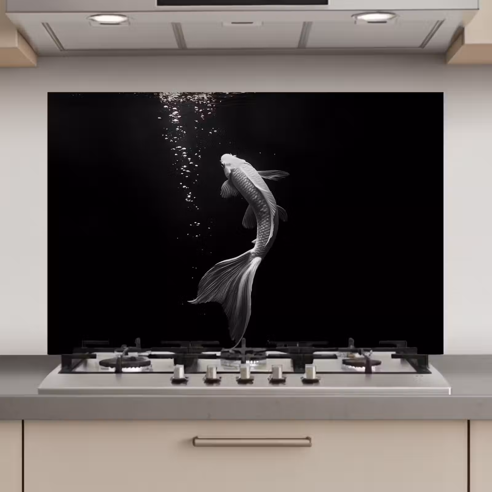 Spatscherm keuken - Koi - Vis - Wit - Zwart — 1