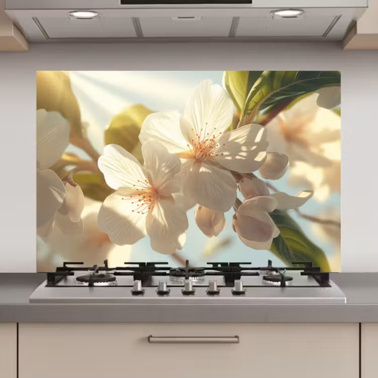 Spatscherm keuken - Bloesems - Wit - Zonnestralen - Bloemblaadjes — 1