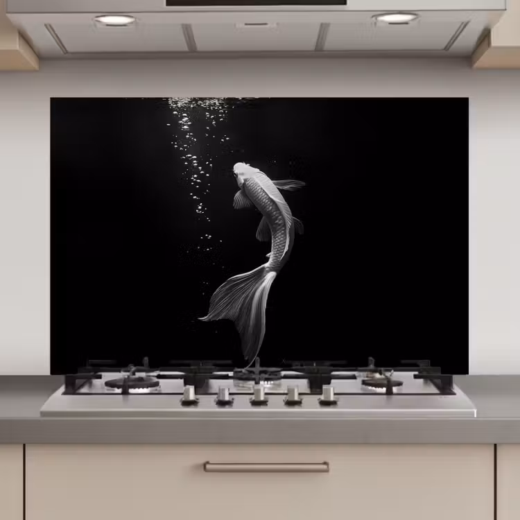 Spatscherm keuken - Koi - Vis - Wit - Zwart — 1