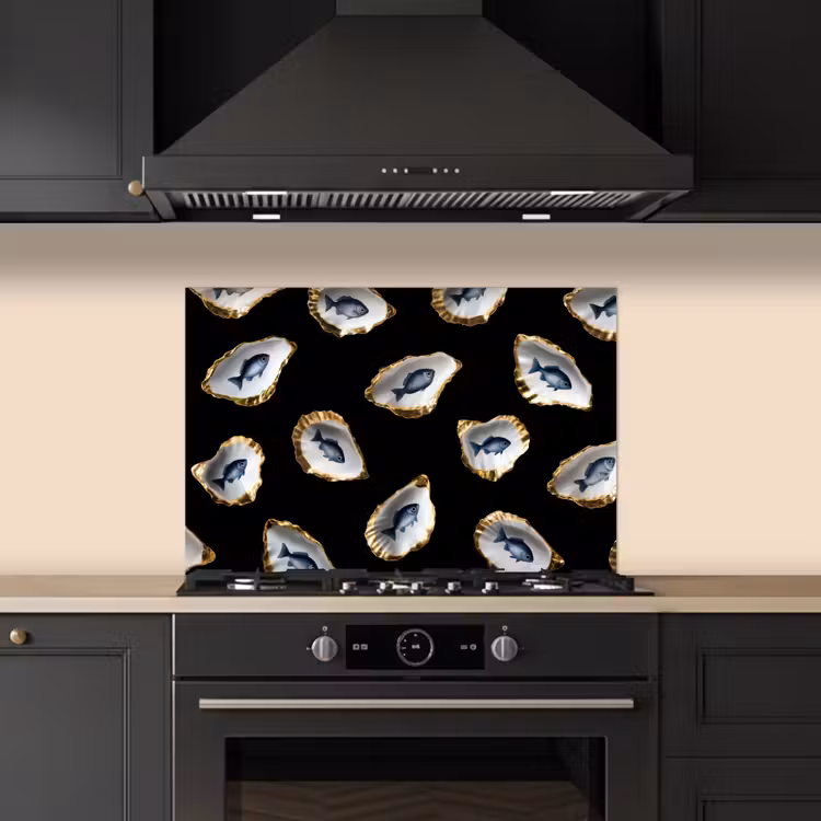 Spatscherm keuken - Oesters - Vissen - Blauw - Goud — 2
