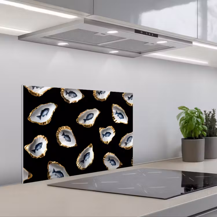 Spatscherm keuken - Oesters - Vissen - Blauw - Goud — 5