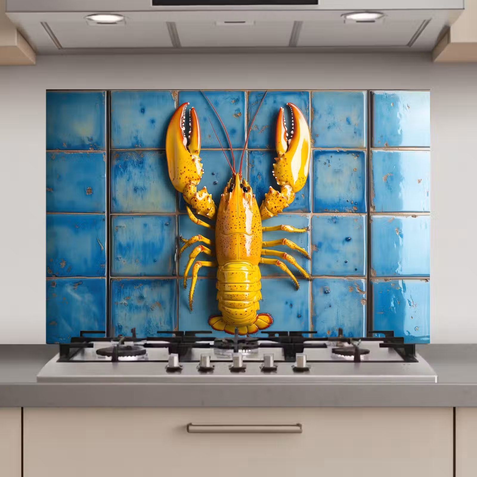 Spatscherm keuken - Kreeft - Geel - Blauw - Tegels — 1