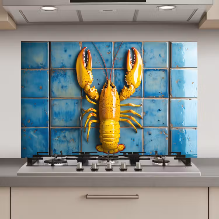 Spatscherm keuken - Kreeft - Geel - Blauw - Tegels — 1