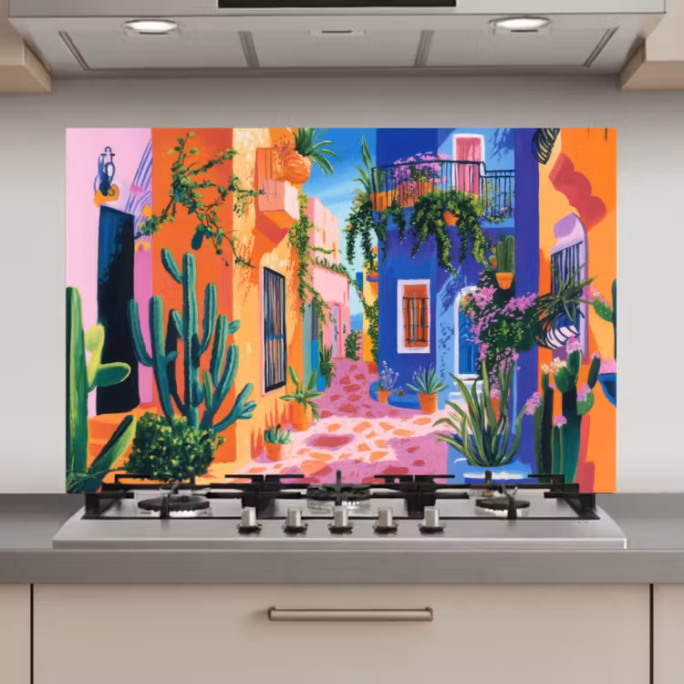 Spatscherm keuken - Geel - Blauw - Oranje - Huis — 1