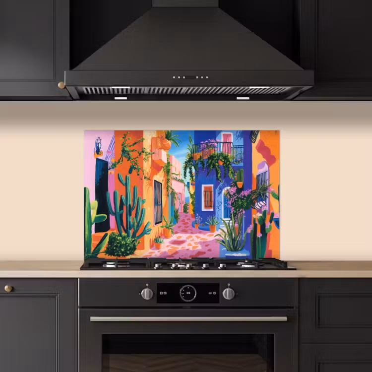Spatscherm keuken - Geel - Blauw - Oranje - Huis — 2