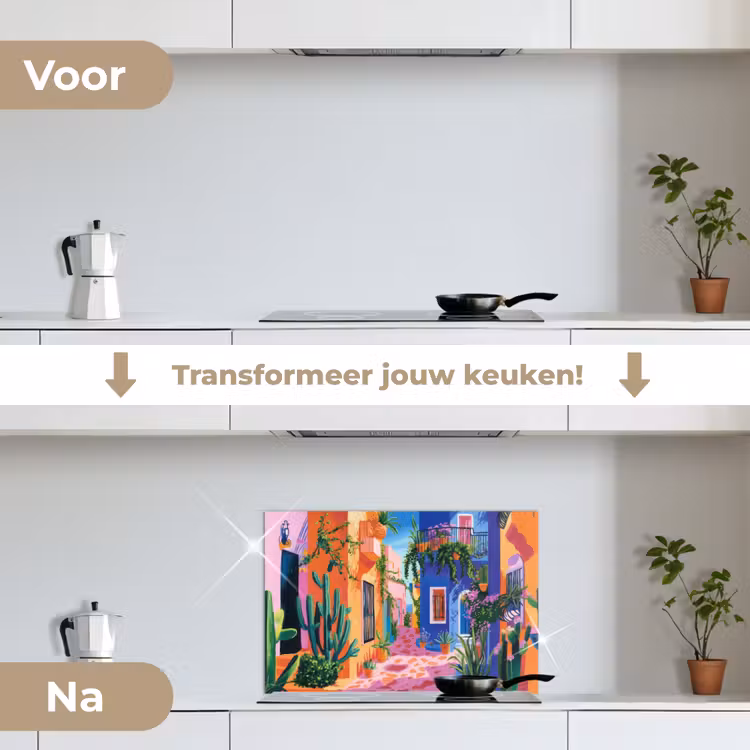 Spatscherm keuken - Geel - Blauw - Oranje - Huis — 3