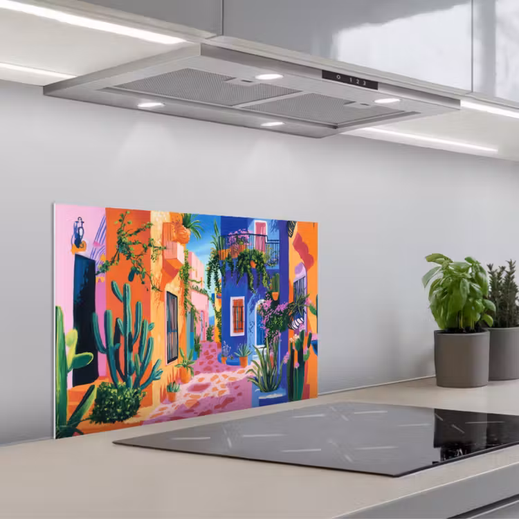 Spatscherm keuken - Geel - Blauw - Oranje - Huis — 5