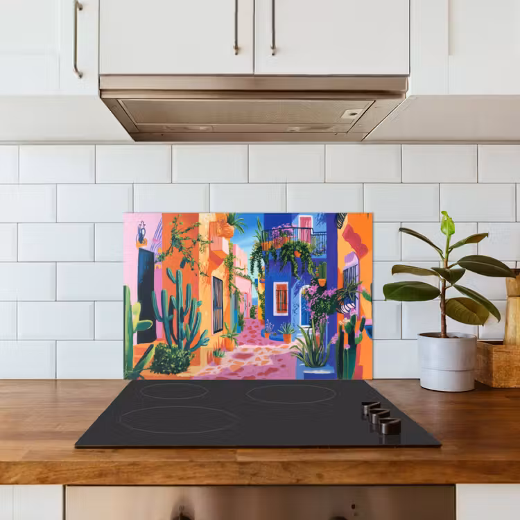 Spatscherm keuken - Geel - Blauw - Oranje - Huis — 6