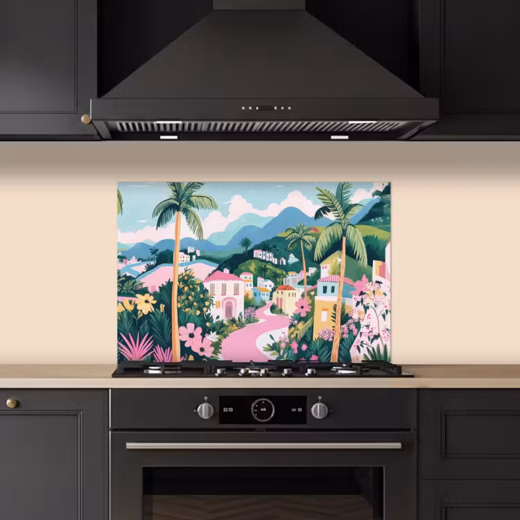 Spatscherm keuken - Kleurrijk - Huizen - Heuvels - Roze — 2