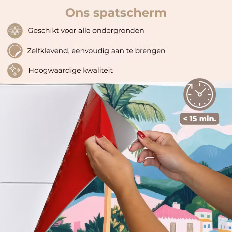 Spatscherm keuken - Kleurrijk - Huizen - Heuvels - Roze — 4
