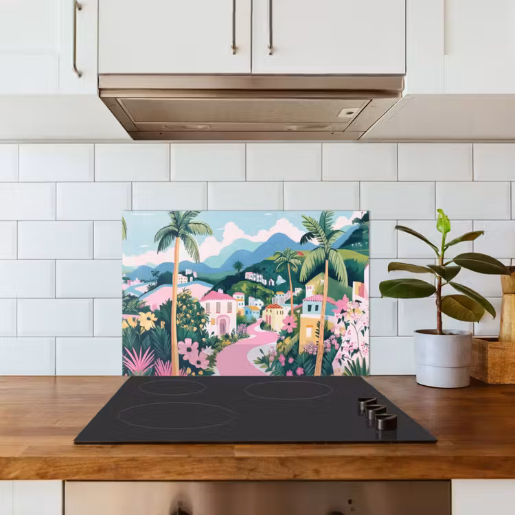 Spatscherm keuken - Kleurrijk - Huizen - Heuvels - Roze — 6