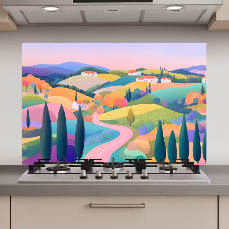 Spatscherm keuken - Landschap - Paars - Pastel - Huizen — 1