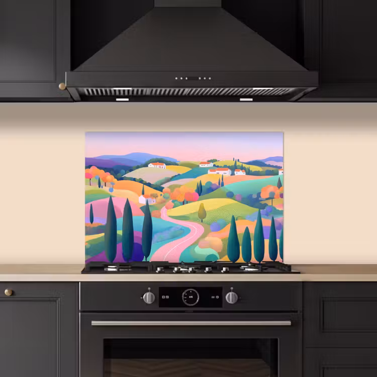 Spatscherm keuken - Landschap - Paars - Pastel - Huizen — 2
