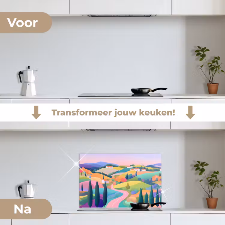 Spatscherm keuken - Landschap - Paars - Pastel - Huizen — 3