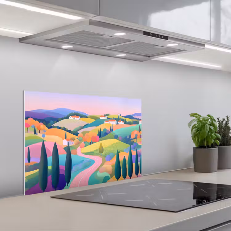 Spatscherm keuken - Landschap - Paars - Pastel - Huizen — 5
