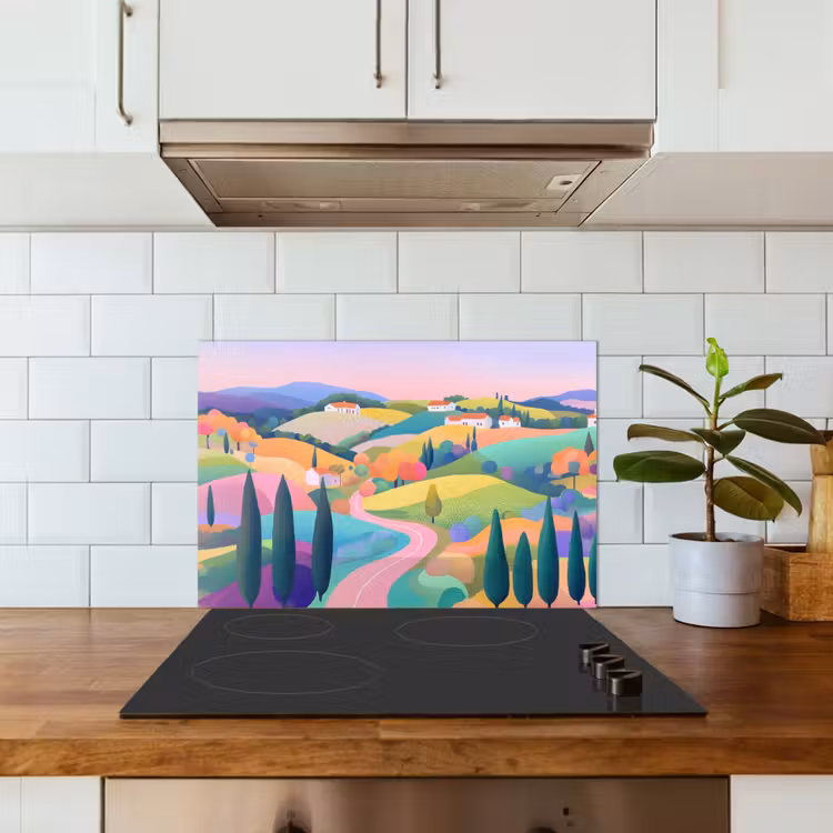 Spatscherm keuken - Landschap - Paars - Pastel - Huizen — 6
