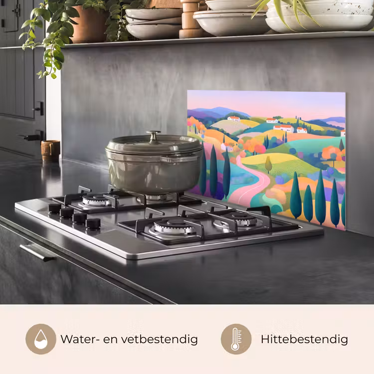 Spatscherm keuken - Landschap - Paars - Pastel - Huizen — 7