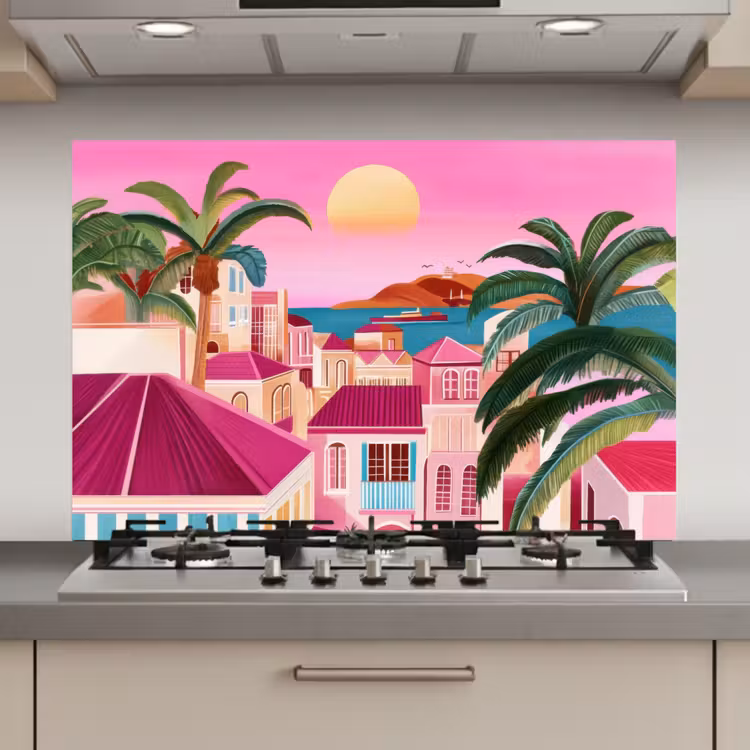 Spatscherm keuken - Stad - Roze - Palmbomen — 1