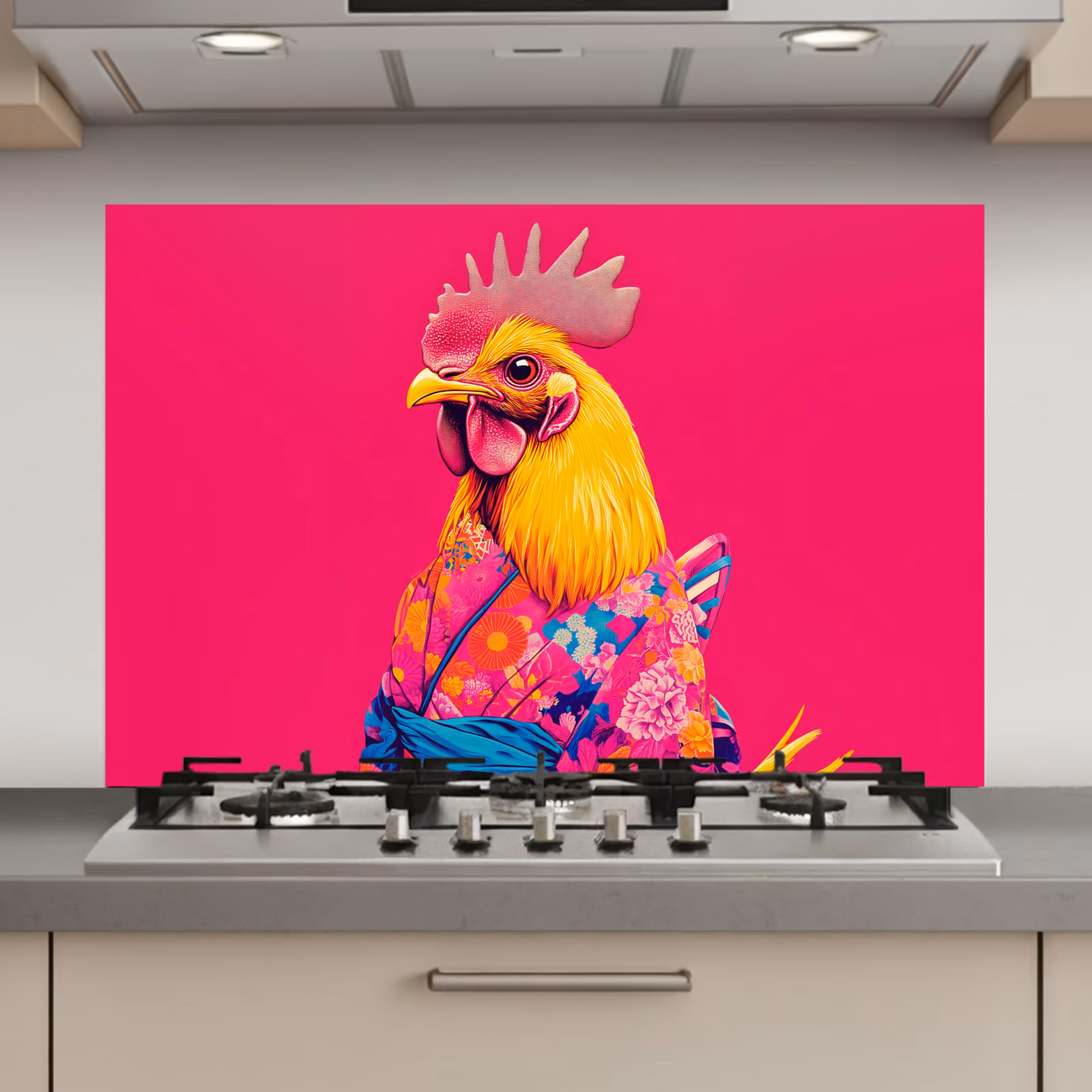 Spatscherm keuken - Haan - Kleurrijk - Kimono - Roze — 1