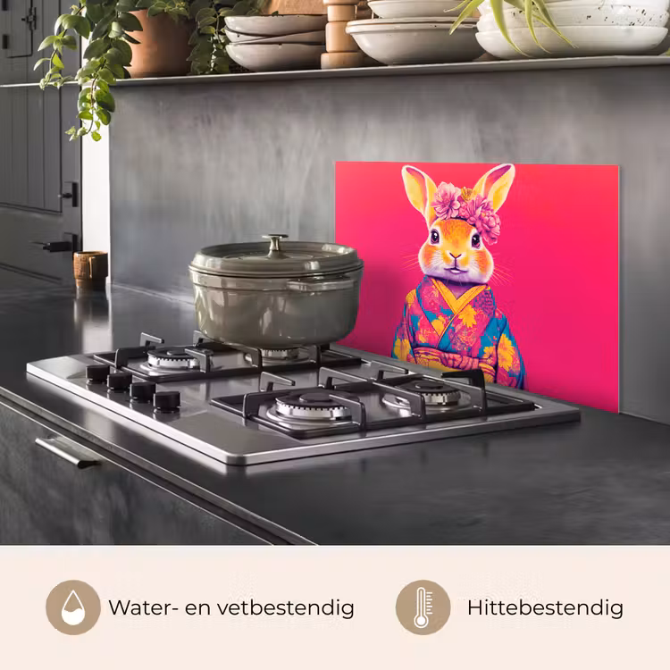 Spatscherm keuken - Konijn - Bloemen - Kleurrijk - Kimono — 7