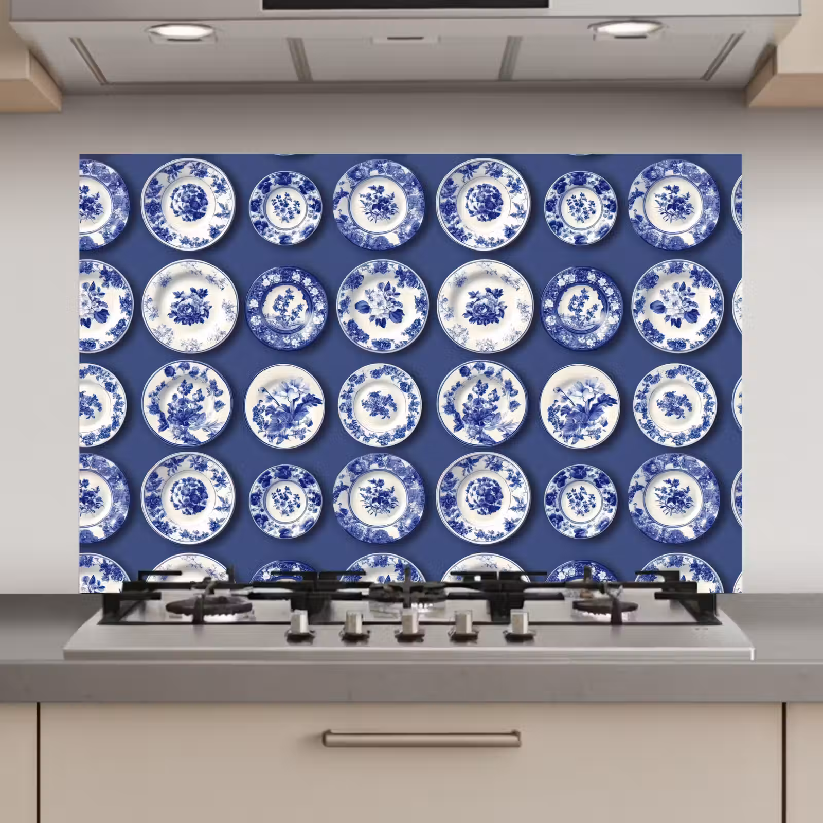 Spatscherm keuken - Borden - Floraal - Blauw — 1