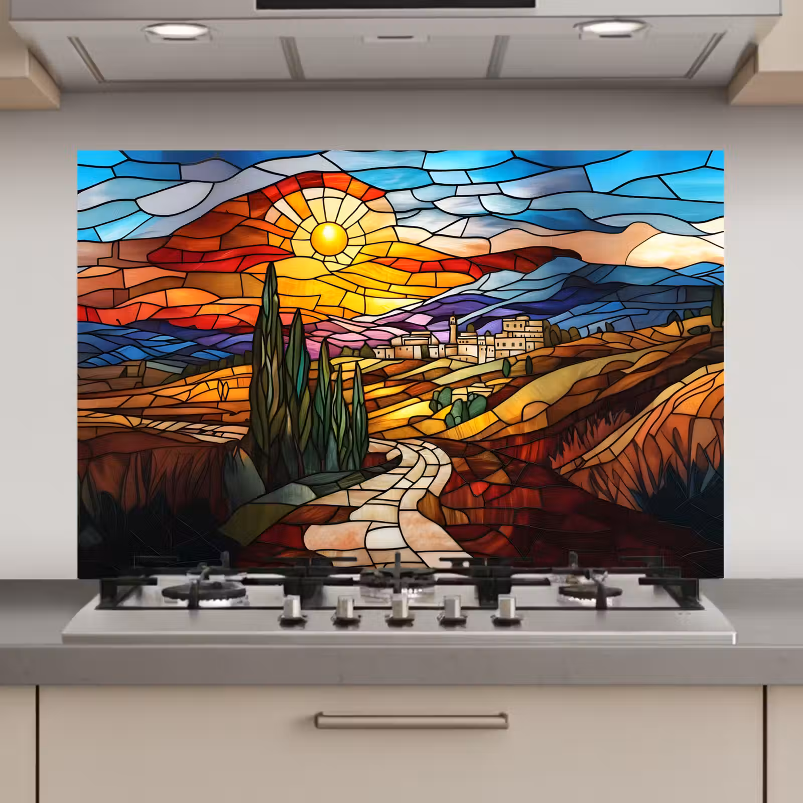 Spatscherm keuken - Mozaïek - Zon - Landschap - Dorp — 1