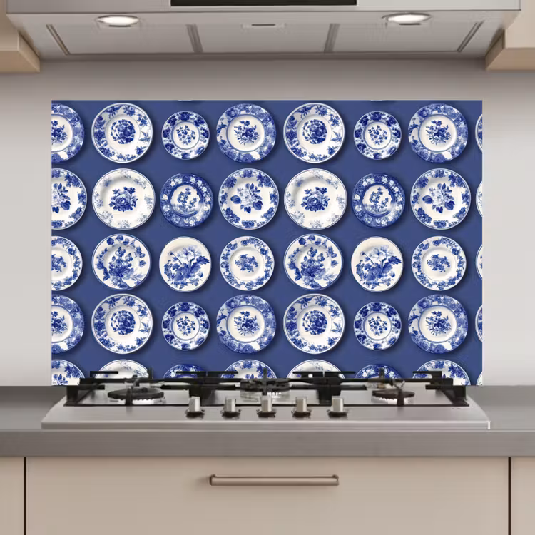 Spatscherm keuken - Borden - Floraal - Blauw — 1
