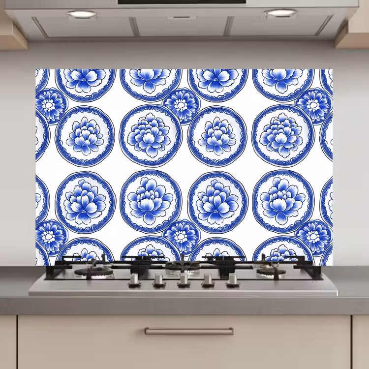 Spatscherm keuken - Cirkels - Bloemen - Blauw — 1