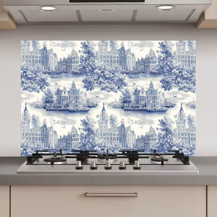 Spatscherm keuken - Huizen - Bomen - Water - Vogels - Blauw — 1