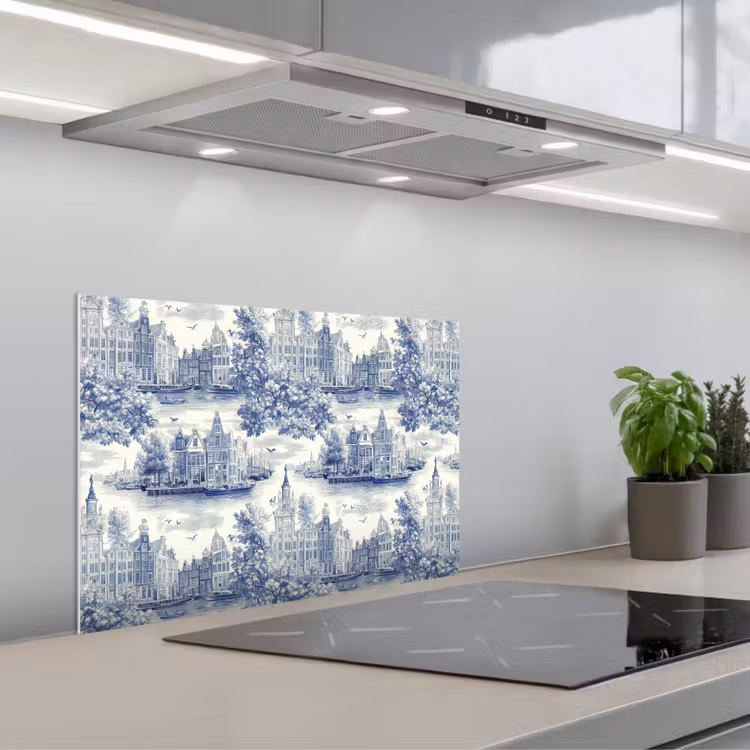 Spatscherm keuken - Huizen - Bomen - Water - Vogels - Blauw — 5