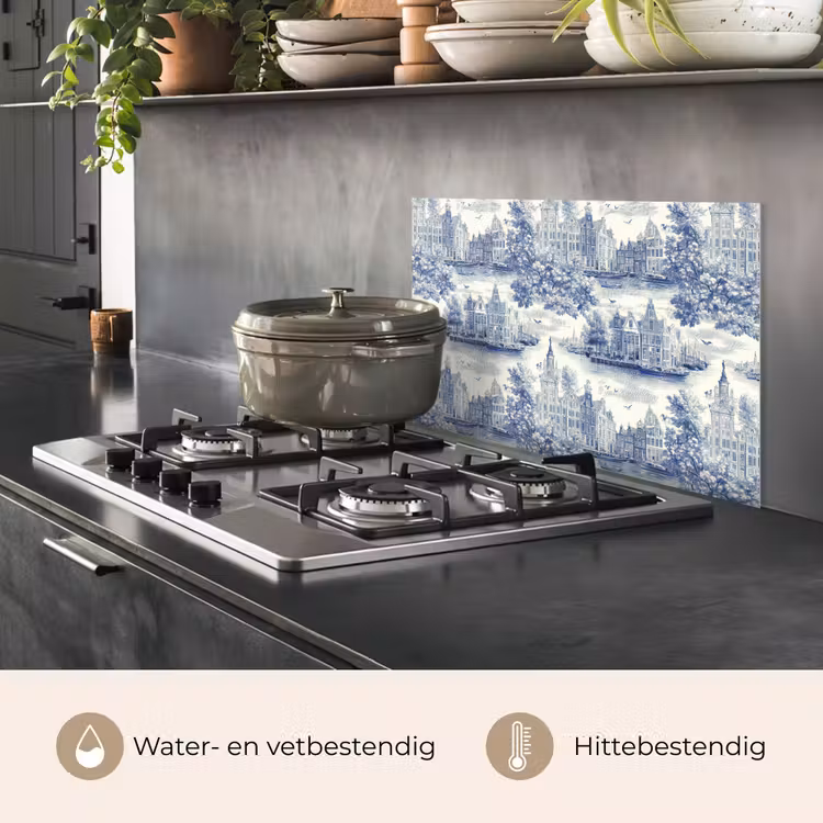 Spatscherm keuken - Huizen - Bomen - Water - Vogels - Blauw — 7