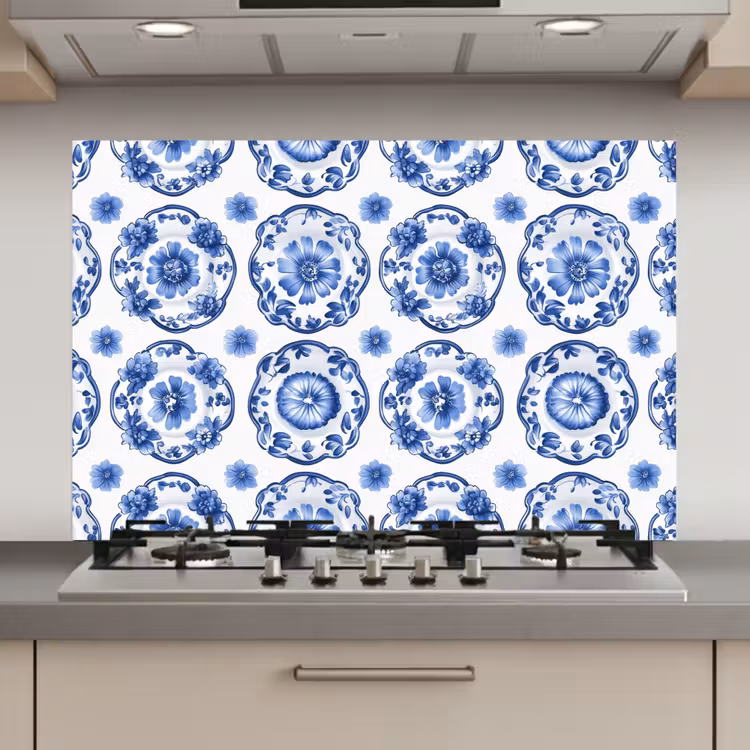 Spatscherm keuken - Sierborden - Bloemen - Blauw — 1