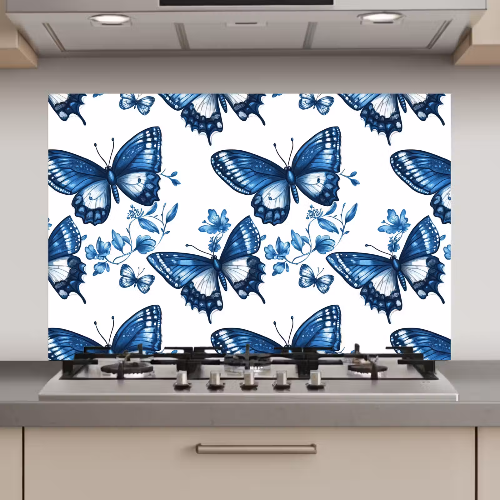 Spatscherm keuken - Blauw - Vlinders - Bloemen - Wit — 1