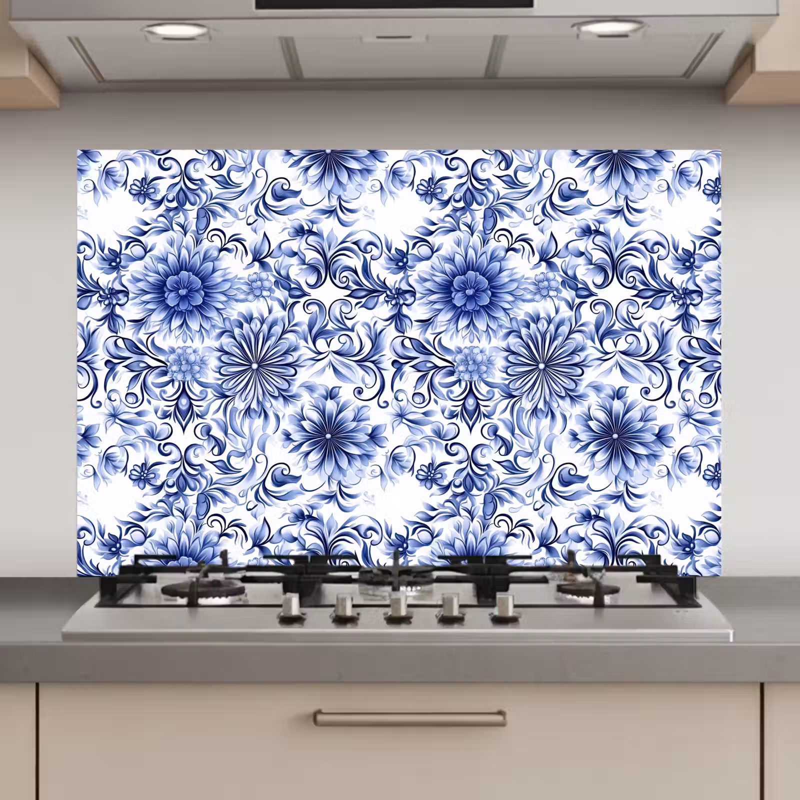 Spatscherm keuken - Bloemen - Blauw - Patroon - Wit — 1