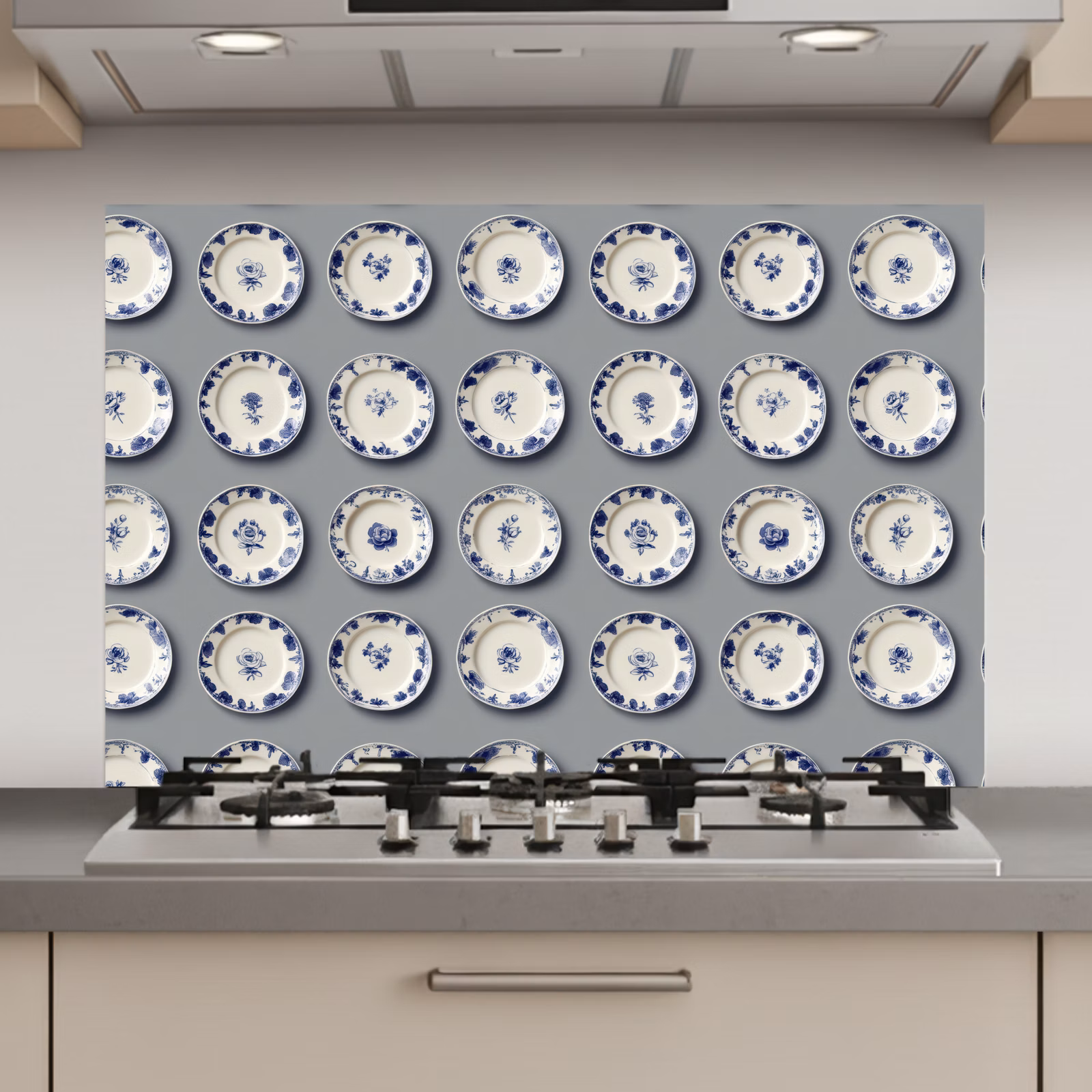 Spatscherm keuken - Borden - Bloemen - Blauw - Wit — 1