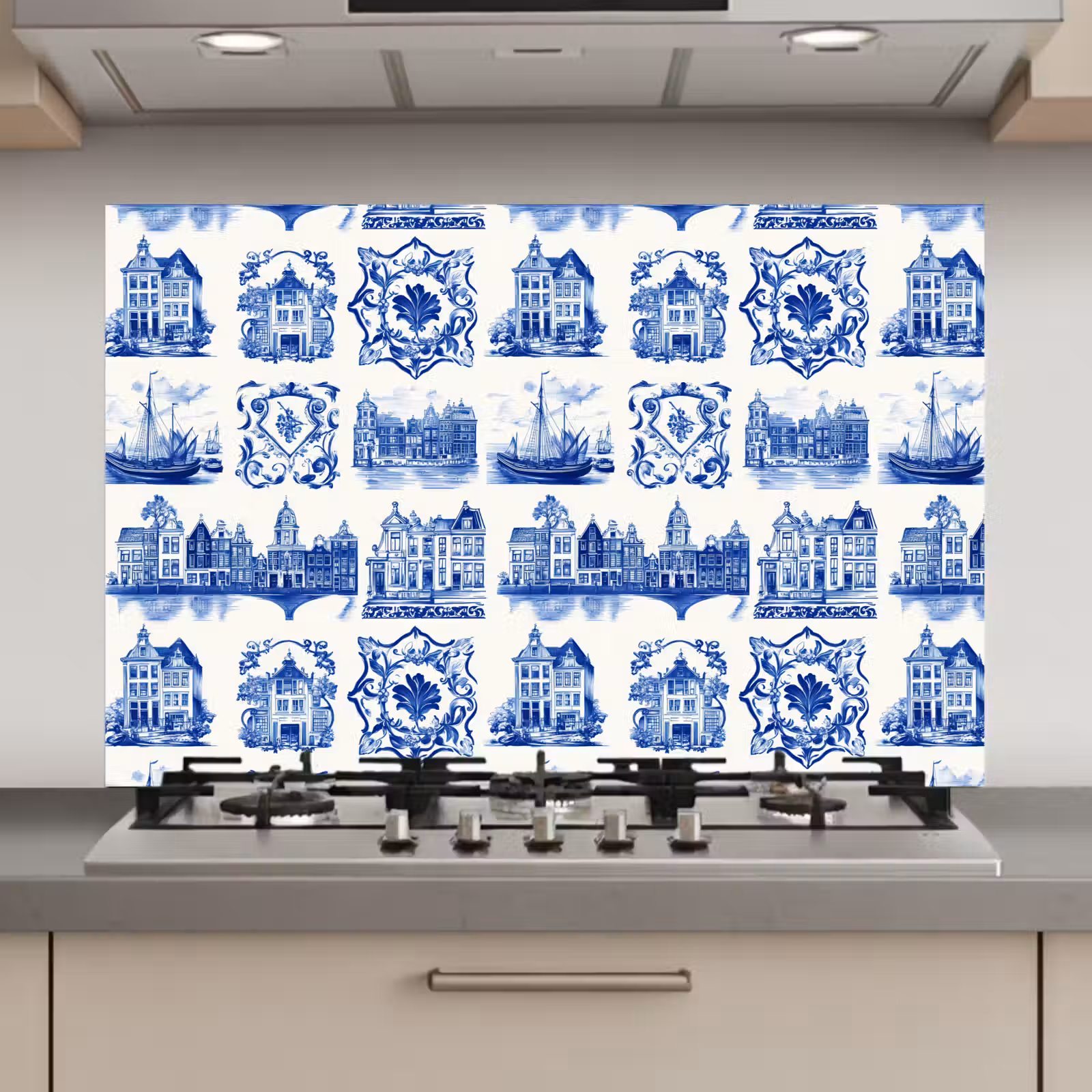Spatscherm keuken - Huizen - Schepen - Blauw — 1