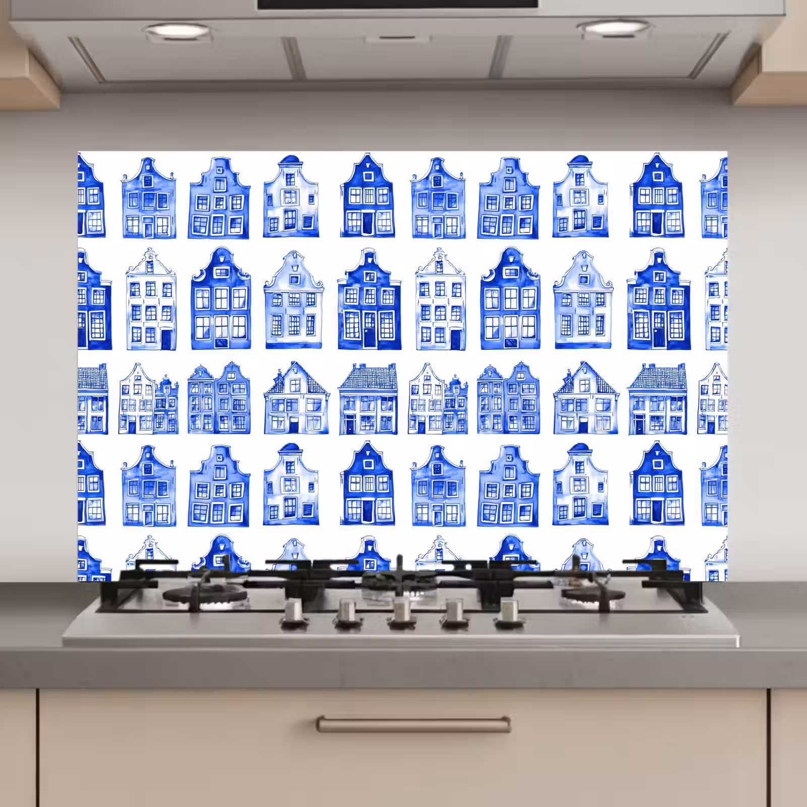 Spatscherm keuken - Patroon - Huizen - Blauw — 1